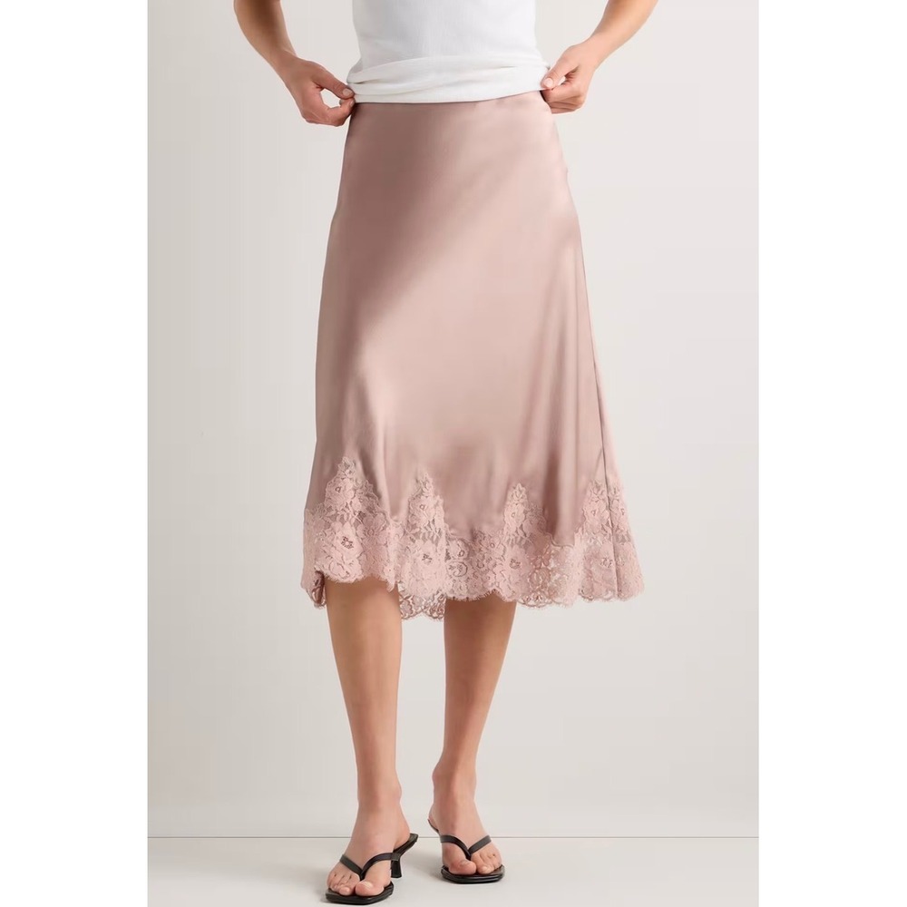 Quince 100% Washable Silk Lace Trim Midi Slip Skirt Vintage Pink XL LB137338